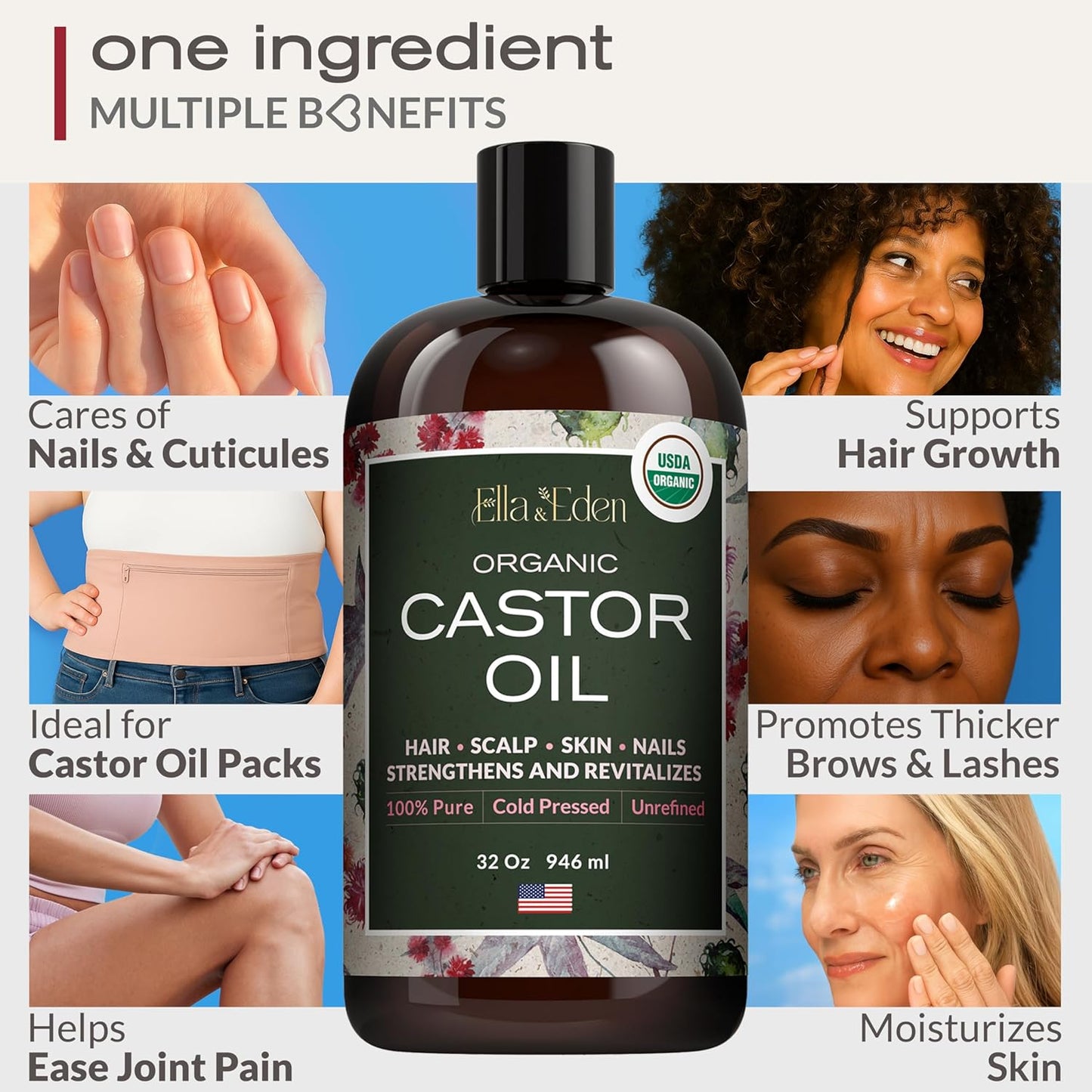 Ella & Eden Organic Castor Oil – Cold-Pressed Hexane-Free Unrefined| For Hair Growth, Skin and Face | USDA Certified & 100% Pure | 32 fl oz