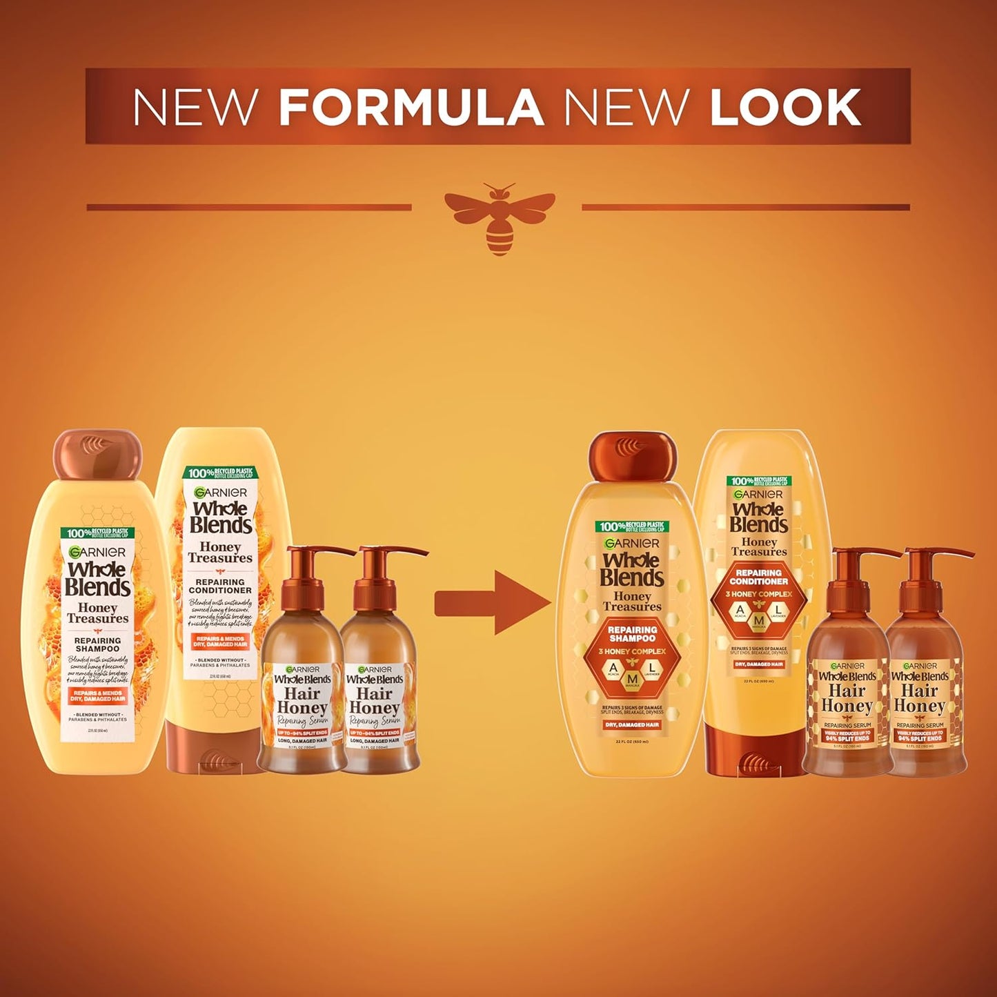 Garnier Whole Blends Honey Treasures Repairing Shampoo & Conditioner 22 Fl Oz each + Hair Serum (5.1 Fl Oz) for Dry, Damaged Hair (Bundle of 4 Items)