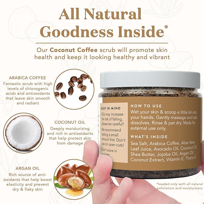 Bare Botanics Coconut Coffee Body Scrub 24oz | Made in Madison, WI | All Natural Sea Salt Exfoliator w/ Skin Loving Moisturizers | Vegan & Cruelty Free | Gift Ready Packaging w/ a Cute Wooden Spoon