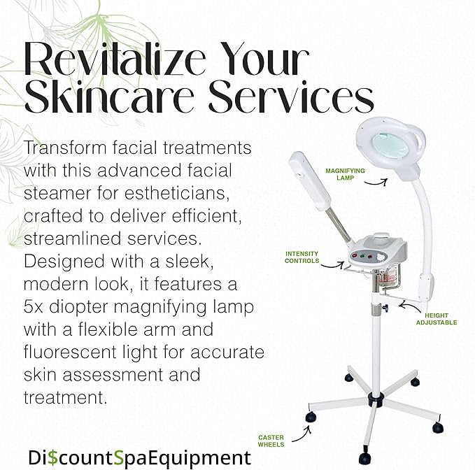 Ozone Aroma Facial Steamer, Professional Grade with 5 Diopter Magnifying Lamp, Silent Timer & Aromatherapy