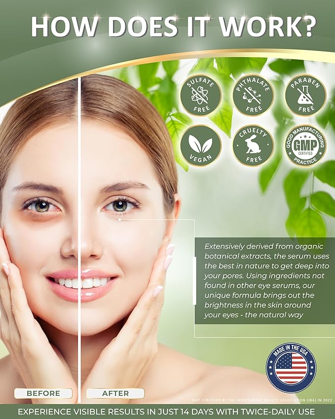 American Natural Eye Serum for Puffy Bags Under Eyes (0.5oz) - Dark Eye Circle Remover with Organic Cucumber & Chamomile Extract | Fine Line & Wrinkle Reduction Anti Aging Serum For Men & Women