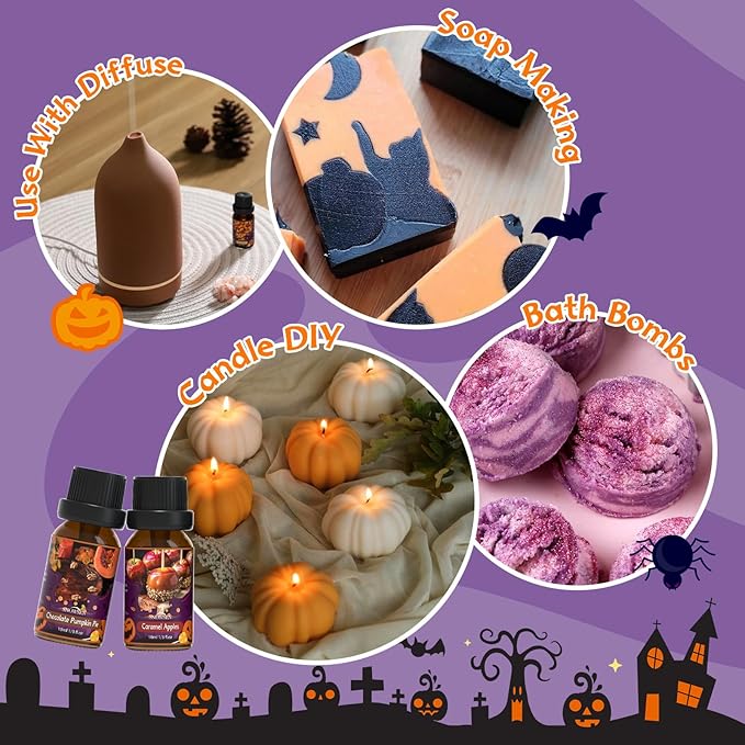 Halloween Fragrance Oil Set, Scented Oils for Diffuser, Candle & Soap Making - Chocolate Pumpkin Pie, Caramel Apples, Candy Corn, Apple Cider, Caramel Corn,Snickerdoodle, 6x10ml