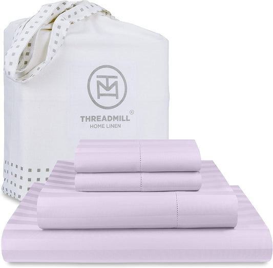 Threadmill 500 Thread Count King Size Damask Stripe, 4 Pc Luxury Cotton Bed Sheet Set, Silky Soft & Breathable Lilac Sheets with 16" Elasticized Deep Pocket, 2 Pillowcases & Free Tote Bag