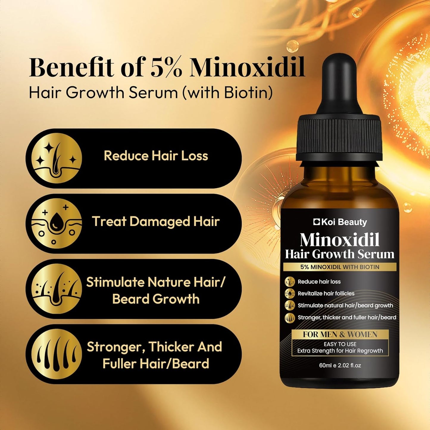 5% Minoxidil Hair Growth for Men and Women, Extra Strength Minoxidil Hair Loss Treatment Serum with Biotin for Faster Stronger Thicker Hair Growth 60ML - For Women Hair, Men Hair & Beard Growth