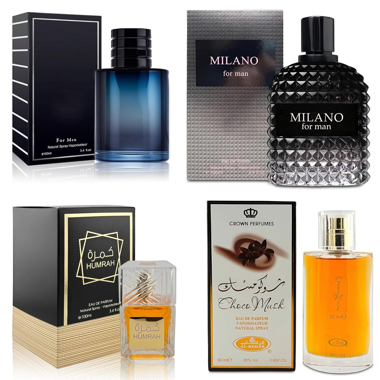 4-Piece Cologne for Men Includes Choco Musk/SE/Humrah/Milano Scent of Woody, Spicy, Citrus & Aromatic eau de parfum Men Gift Set Each 100Ml for Daily Use