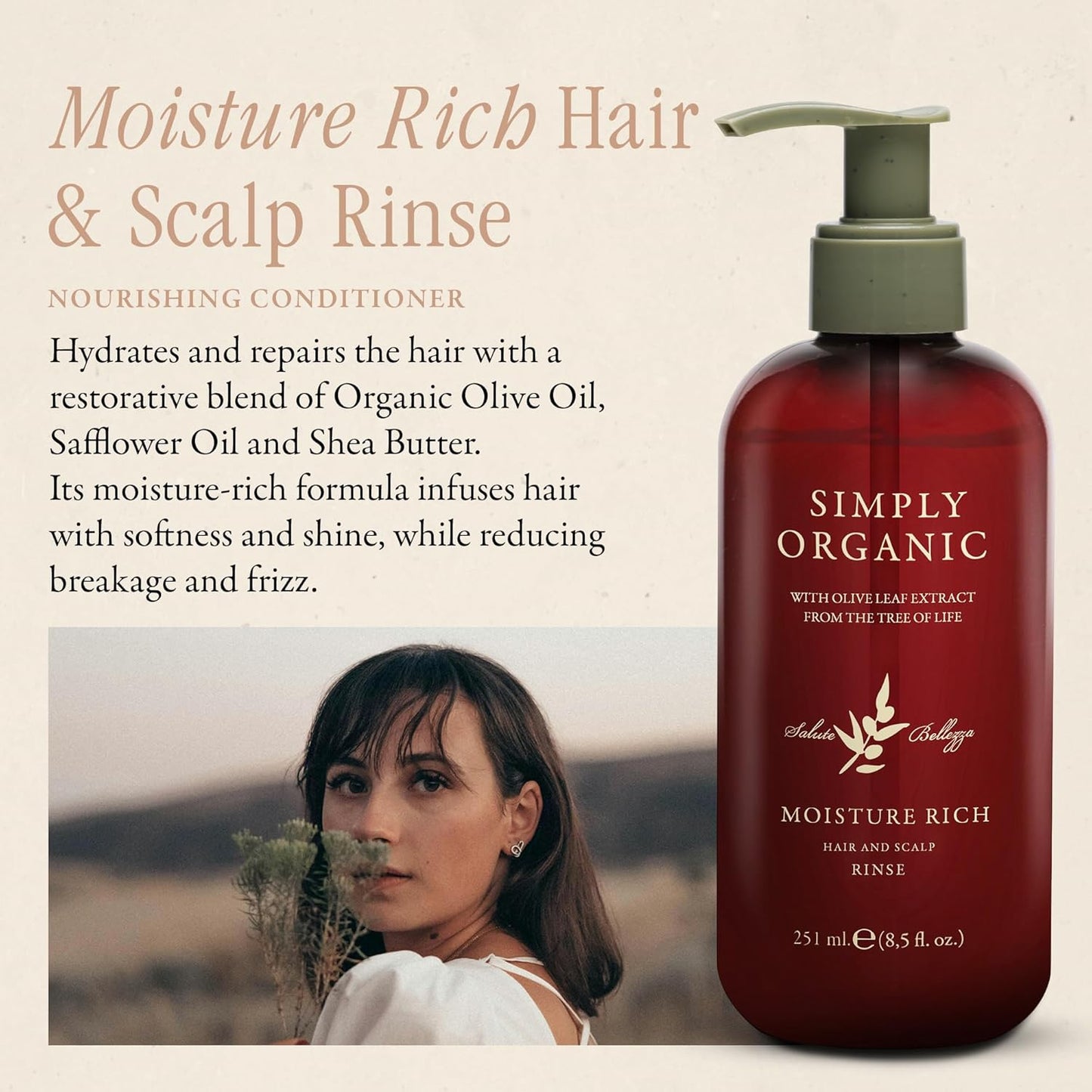 SIMPLY ORGANIC Moisturizing Deep Conditioner Scalp Rinse Made in Italy, All Natural Cruelty Free Hair Care for Women & Men with Shea Butter & Olive Leaf Extract, 251ml/8.5floz, MOISTURE RICH