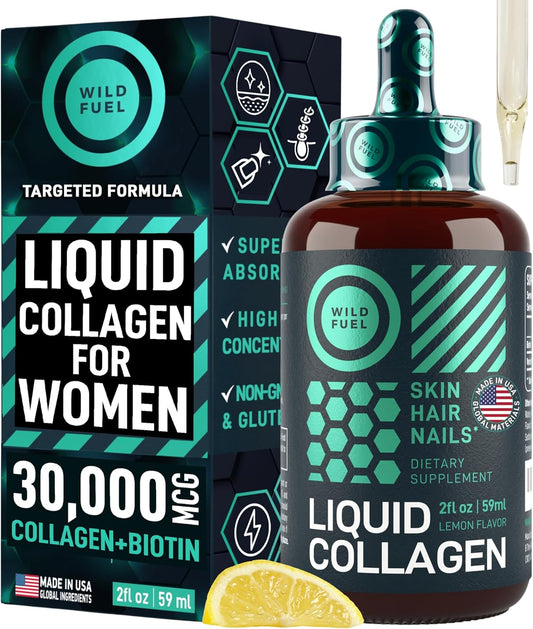 WILD FUEL Liquid Collagen Peptides with Biotin Vitamins for Hair Skin and Nails - 30,000mcg Liquid Collagen for Women and Men Plus Biotin - Lemon Flavor, up to 2-Month - 2 oz