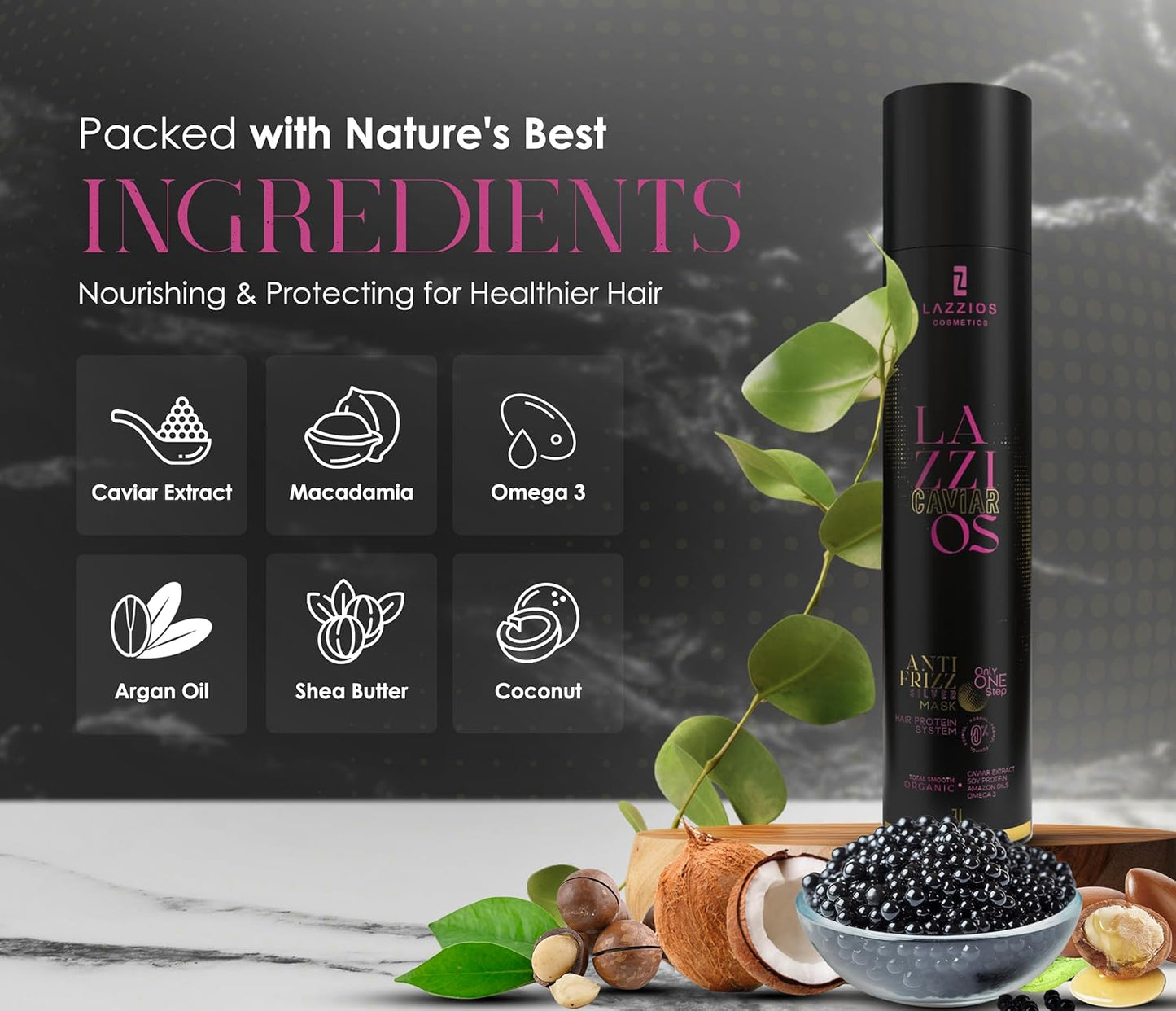 Lazzios Caviar Organic Hair Protein – Brazilian One-Step Straightening, Anti-Frizz Hair Formaldehyde-Free Organic Formula with Hyaluronic Acid, Keratin, Caviar, Macadamia & Argan Oil – 1 Liter