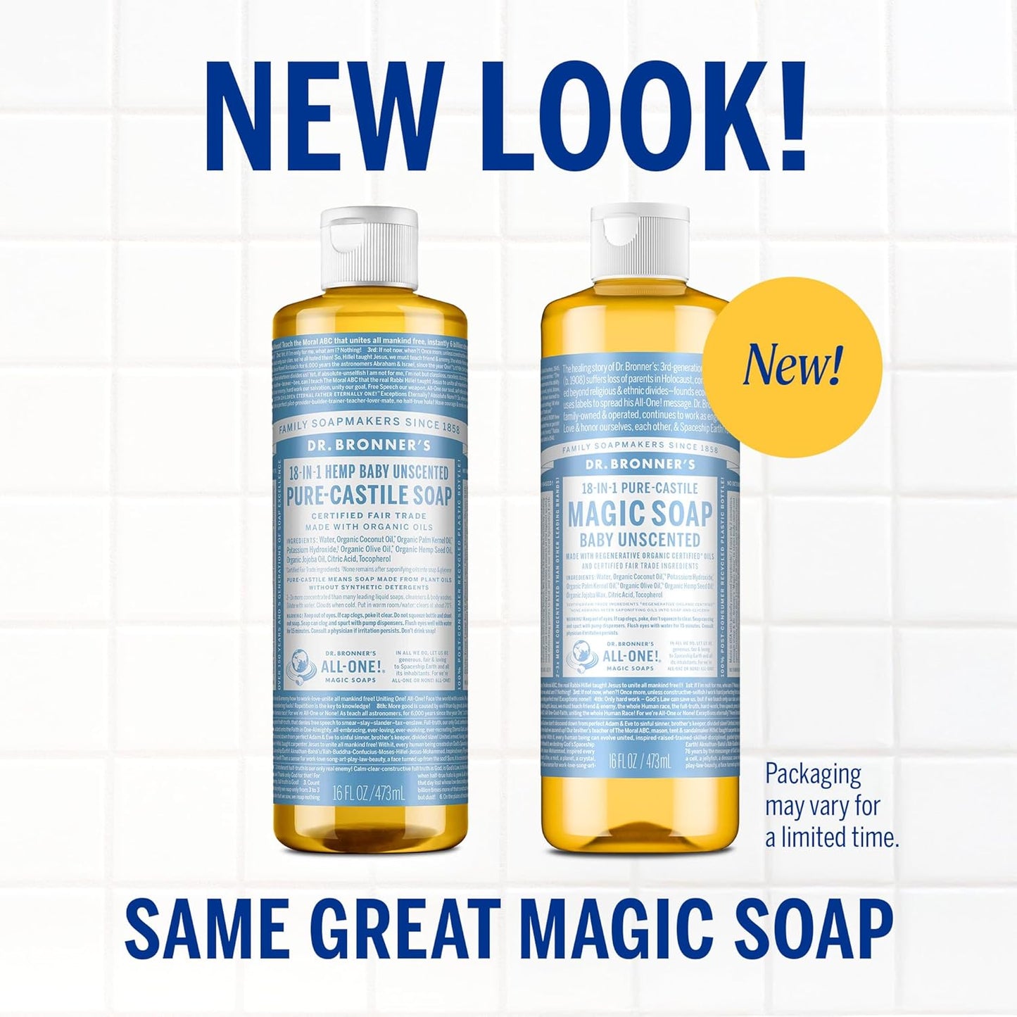 Dr. Bronner's Pure-Castile Magic Liquid Soap (Baby Unscented, 16 Ounce, 2-Pack)- Made with Regenerative Organic Certified Oils, For Face, Hair, Hand & Body Soap, Laundry, Pets- Concentrated, Vegan