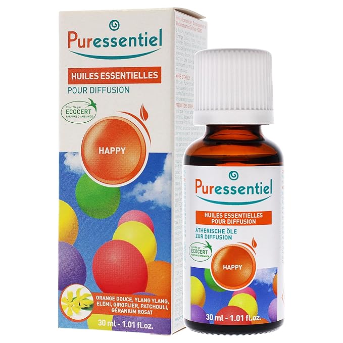 Puressentiel - Essential Oils for Diffusion - Happy Blend - Aromatherapy - Therapeutic, Gentle, Sweet, Scented Oil - Pure, Natural and Vegan - 1 fl oz Bottle