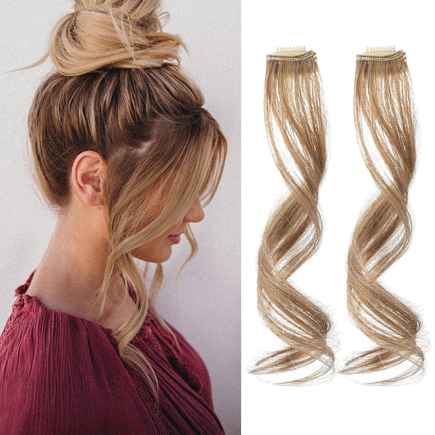 REECHO Side Air Bangs, 12 inch Long Wavy Curly Clip in Bangs Front Side Bangs for Women Daily Use 2 PCS Set Long Temples (Dark Blonde)