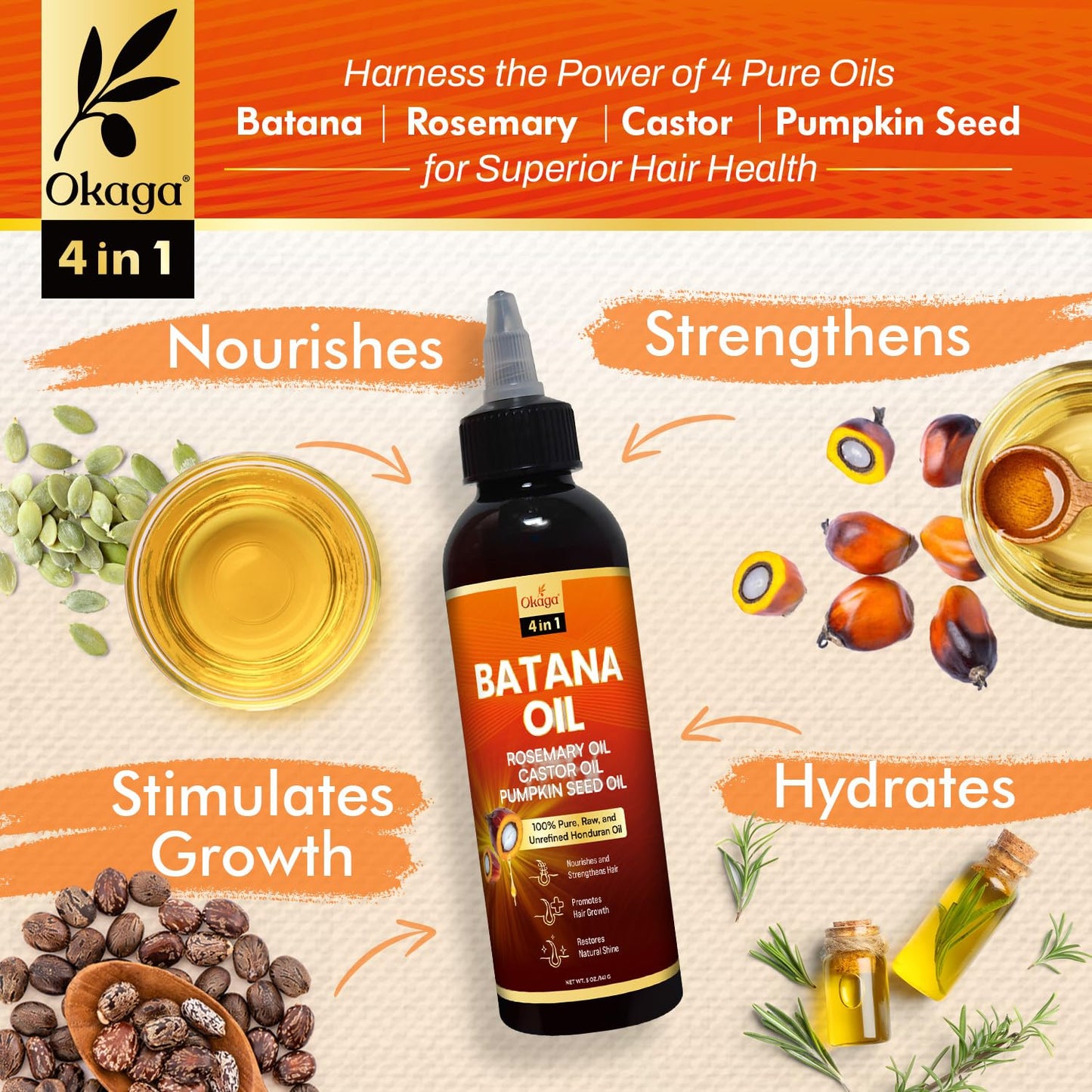 Batana Oil for Hair Growth with Rosemary, Castor, and Pumpkin Seed Oils, 100% Pure Unrefined Honduran Formula, Strengthens, Nourishes, Revives Scalp & Strands, Natural Care for All Types (5oz)