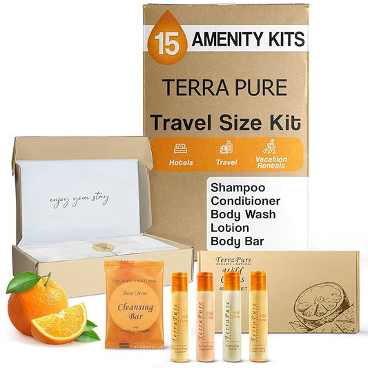 Terra Pure Amenity Kit | Boxed Hotel Toiletries Bulk Set | 1 oz Shampoo, Conditioner, Lotion, Body Wash & Cleansing Bar | 15 Sets per Case