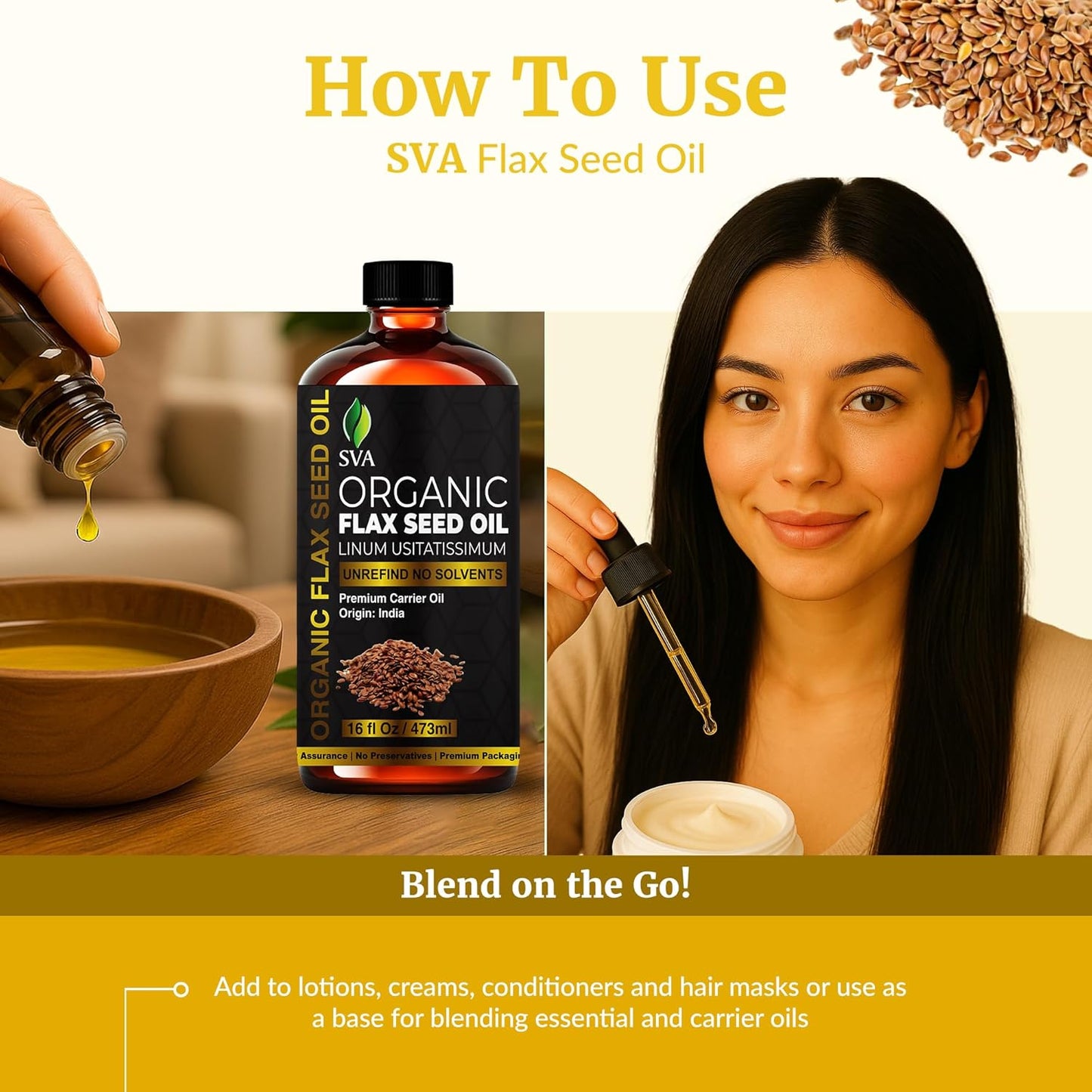 SVA Flax Seed Oil Organic - 16 Fl Oz – 100% Natural Cold Pressed Organic Flax Seed Oil - for Face, Skin Care, Hair Care, Scalp Massage & Body Massage – Carrier Oil