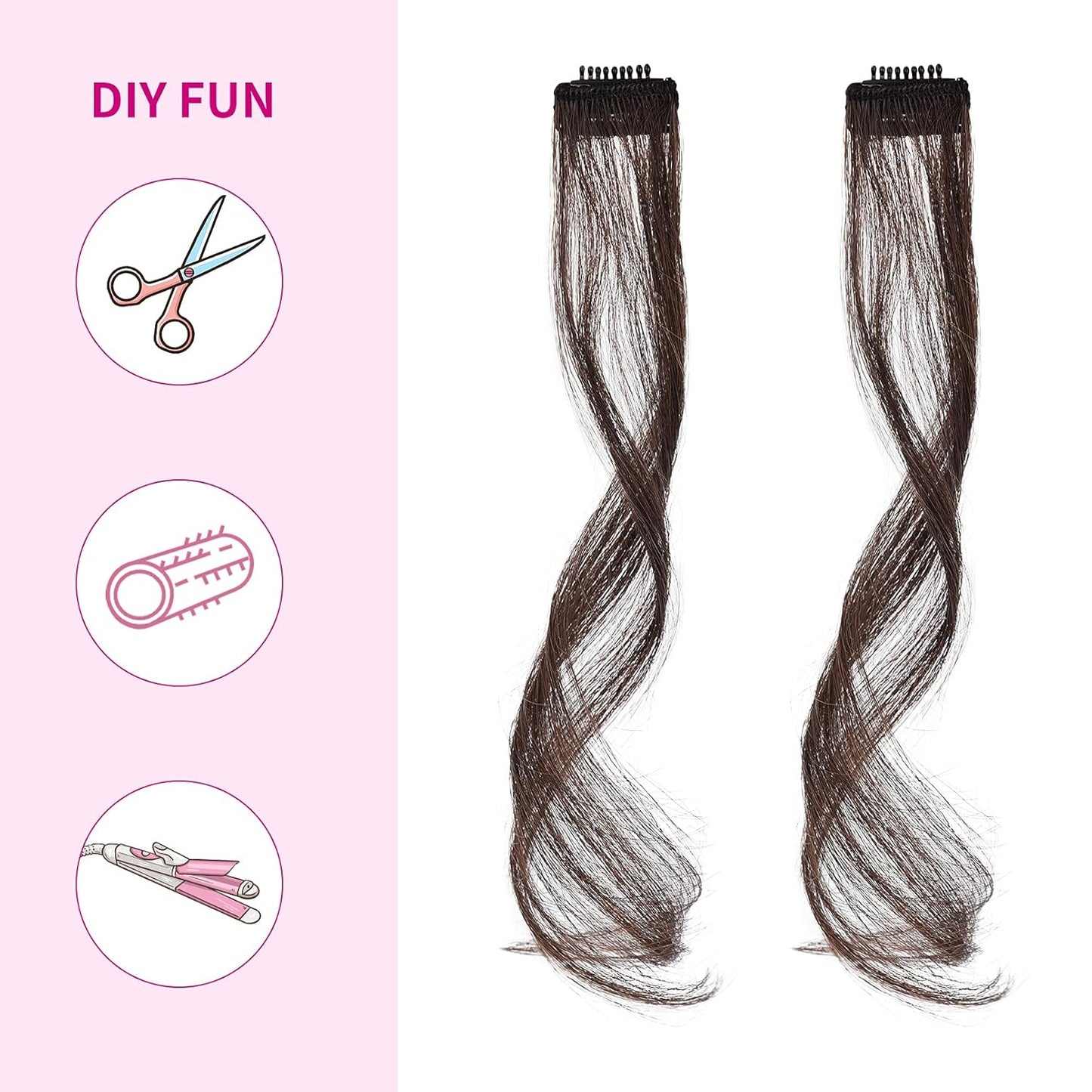 REECHO Long Side Air Bangs, Wavy Curly Clip in Bangs Front Side Bangs for Women Daily Use 2 PCS Set Long Temples-Dark Brown