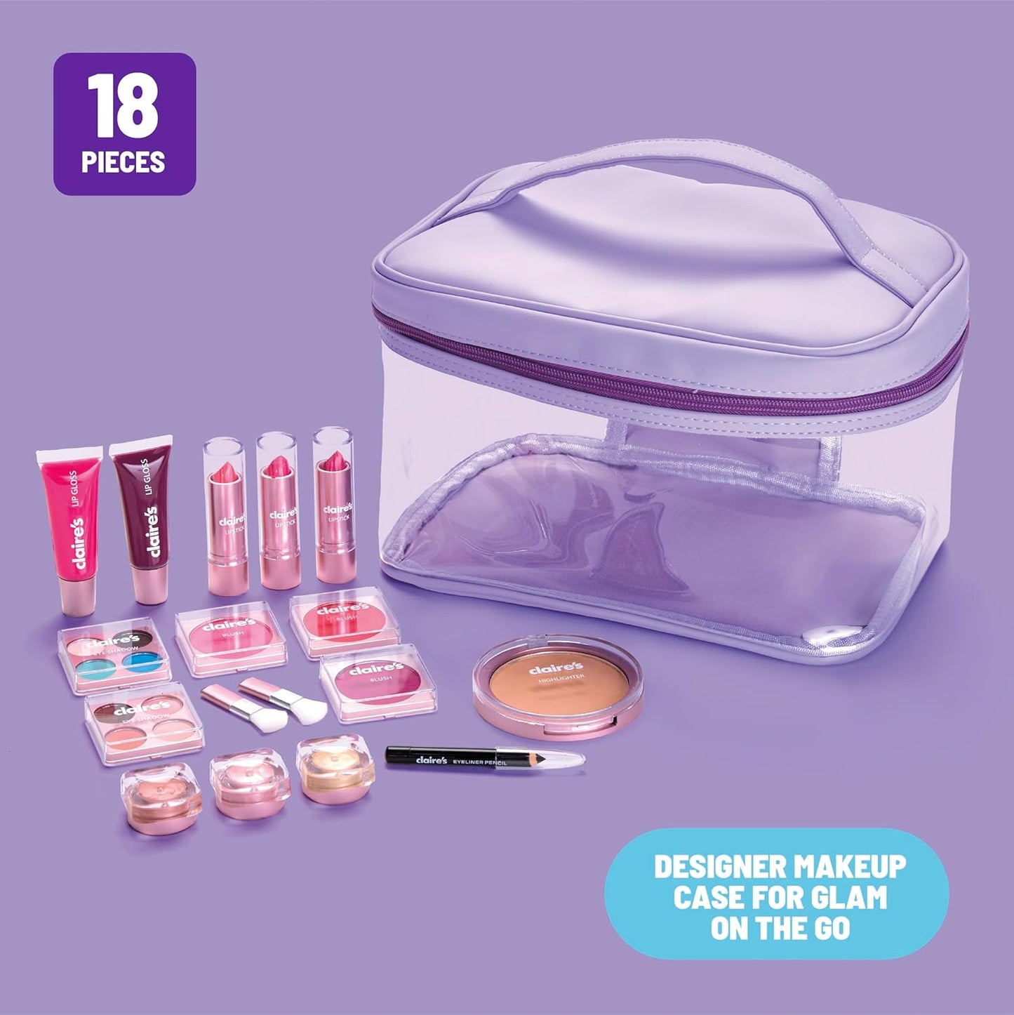 Claire’s® Ultimate Makeup Artist Kit – 18-Piece Real Makeup Set| Lip Gloss, Eyeshadow, Eyeliner, Blush, Lipstick, Highlighter & Carry Case| Girls Cosmetic Beauty Toy| Safe Kids Makeup Gift| Ages 8+