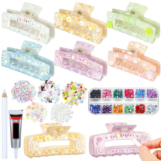 6 Set DIY Hair Claw Clips Kit Acrylic Claw Clip with Resin Rhinestones Pearls Hair Clips with Strong Hold Non-slip Banana Barrettes for Women Party Supplies for Craft DIY (Rectangle)