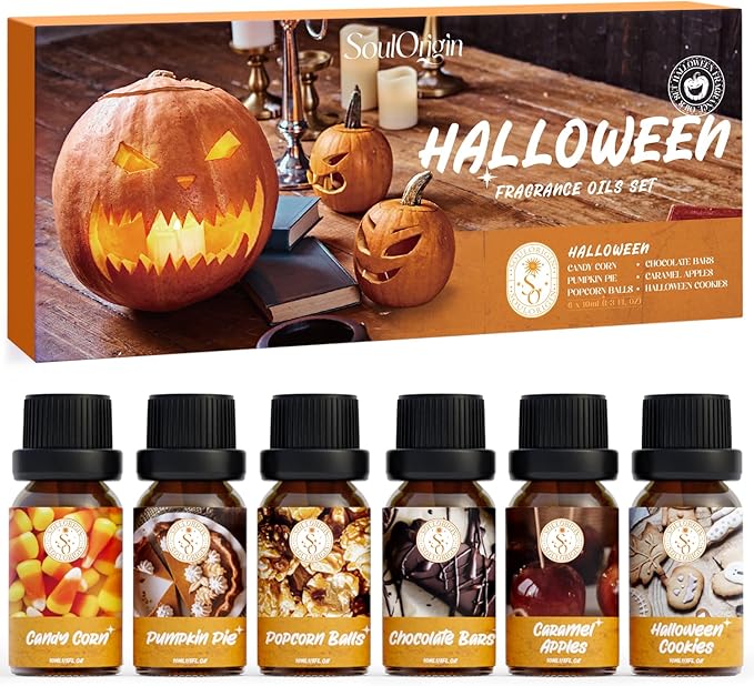 Halloween Essential Oils Set, Fragrance Oil Gift Set for Oil Diffusers, Scented Oils 6x10ml - Caramel Apples, Pumpkin Pie, Candy Corn, Halloween Cookies, Chocolate Bars, Popcorn Balls