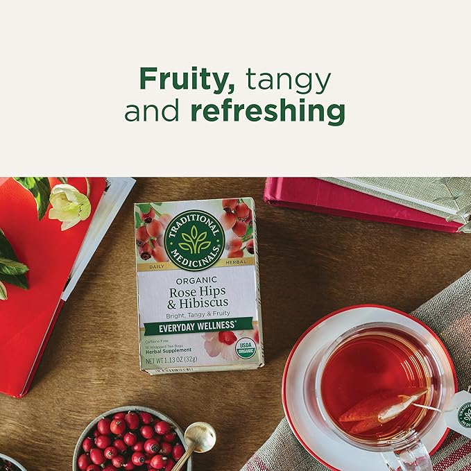 Traditional Medicinals Tea, Organic Rose Hips & Hibiscus, Supports Everyday Wellness, 16 Tea Bags
