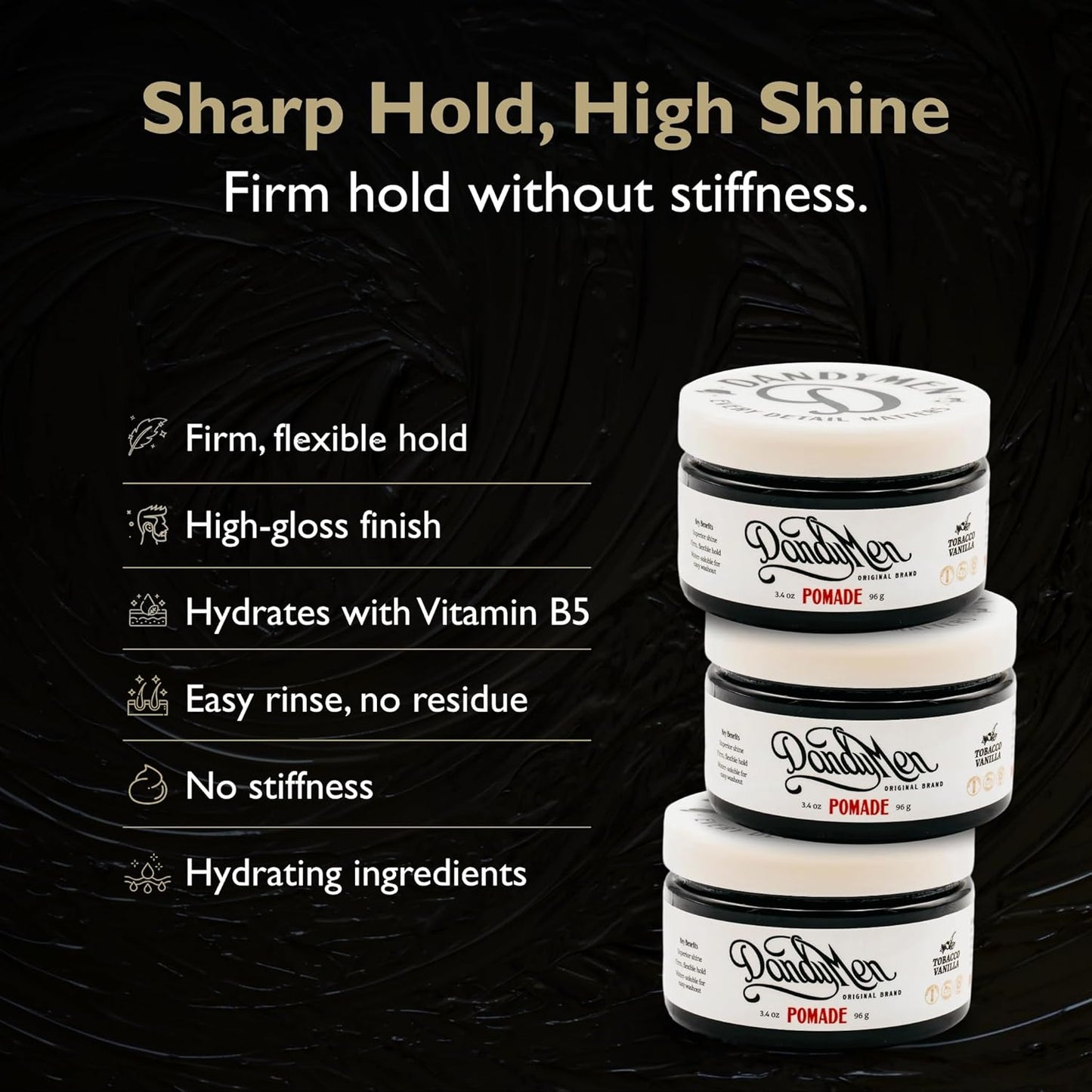 Pomade – Strong Hold, High Shine, and Hydrating Formula with Pro-Vitamin B5 – Tobacco Vanilla Scent – 4 oz