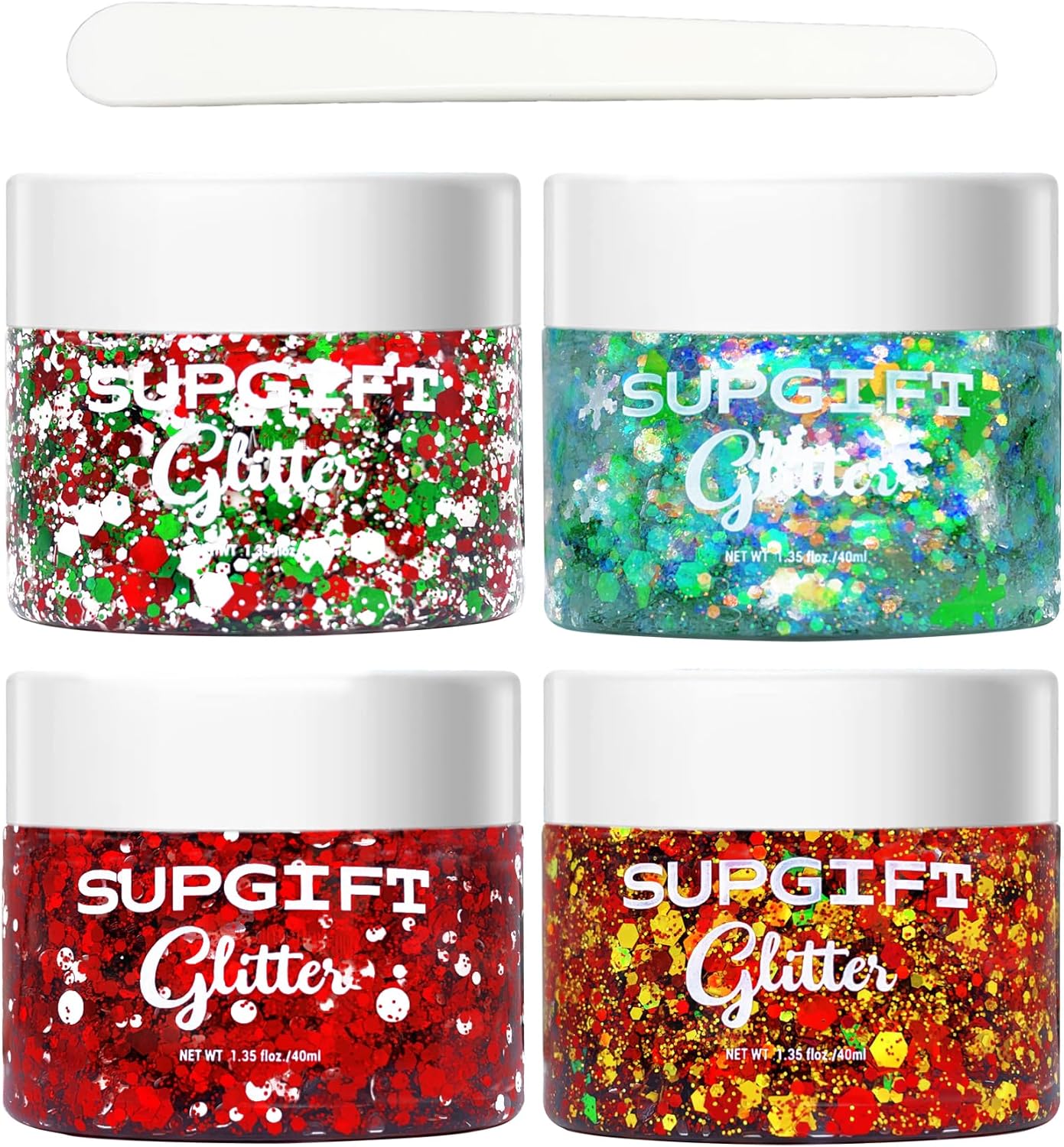 Christmas Body Glitter Gel SUPGIFT 4 Colors 8.5oz Holographic Chunky Mermaid Iridescent Laser Liquid Star Flower Leaf Sequins for Makeup Face Eyeshadow Hair with Spoon