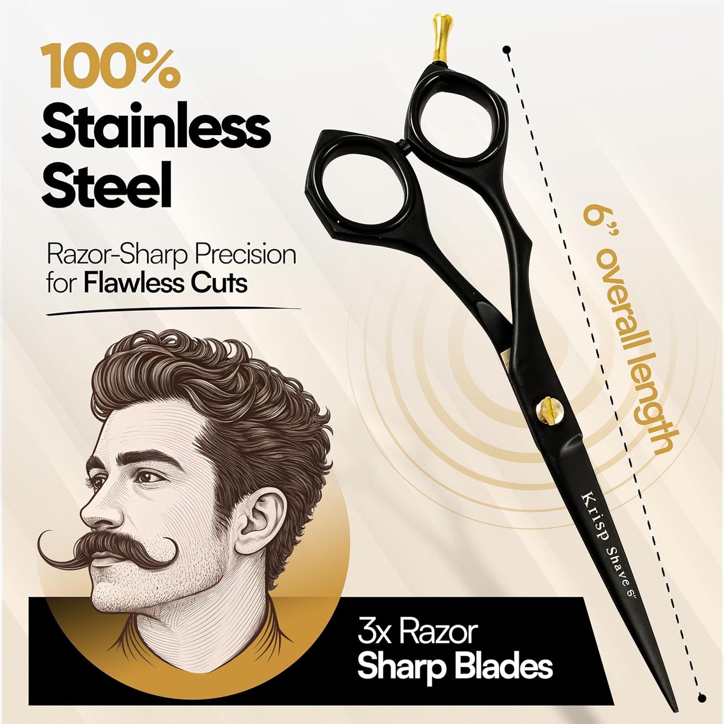 Professional Hair Cutting Scissors - Krisp Shave Stainless Steel Barber Salon Quality Scissor (6 Inch) - Shears for Men's Beard Mustache Women Kids Pets Haircut All Purpose Shear