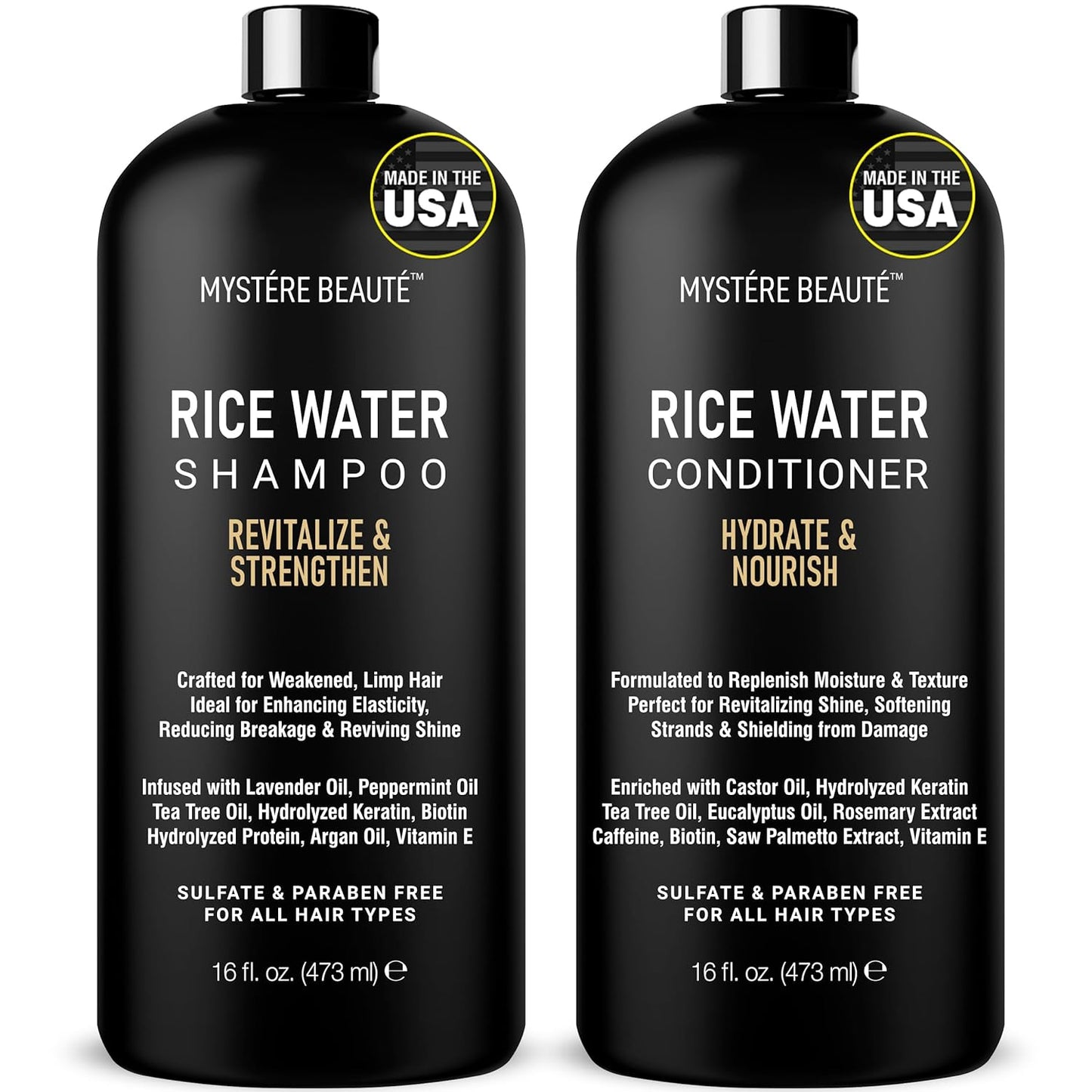 Rice Water Shampoo and Conditioner Set - Ultra-Nourishing Hair Care Set, Promotes Growth, Revitalizes Shine, and Shields from Damage - Infused with Essential Oils - 16 fl oz Each