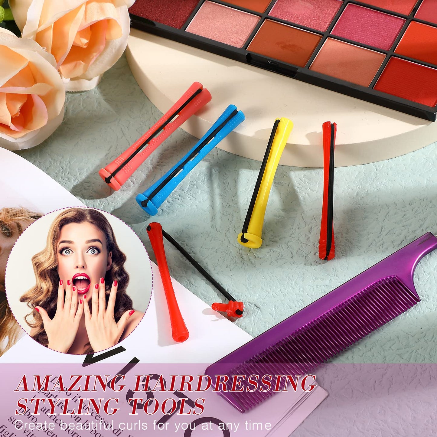 48 Pieces Hair Perm Rods Short Cold Wave Rods Plastic Perming Irons Hair Curling Rollers Curlers with Steel Pintail Comb Rat Tail Comb for Hairdressing Styling Supplies(Assorted Sizes,Multicolored)