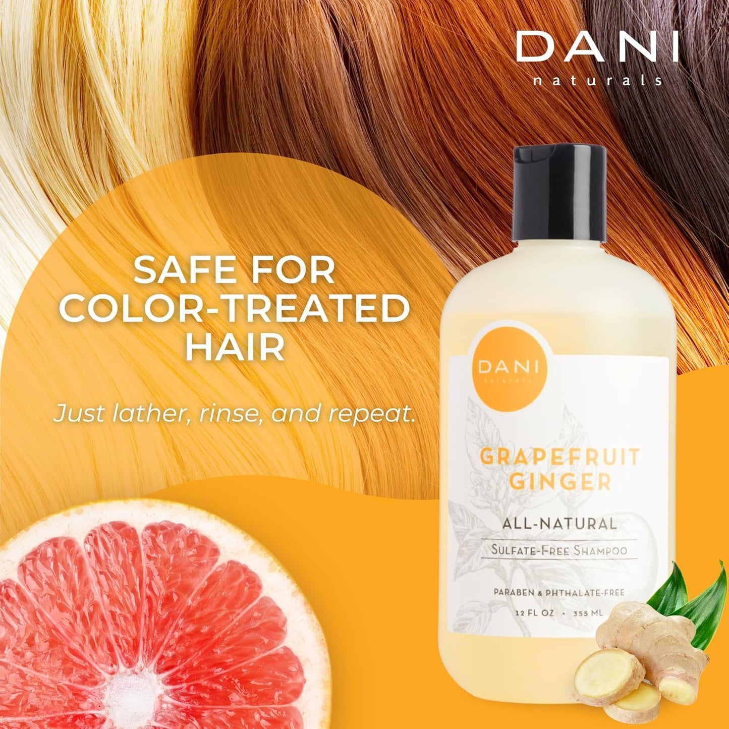DANI Naturals Sulfate-Free Shampoo - Grapefruit Ginger – Detoxifying & Clarifying Formula for Oily, Thick & Curly Hair, 12 oz – Nourishing, Vegan, & Color-Safe