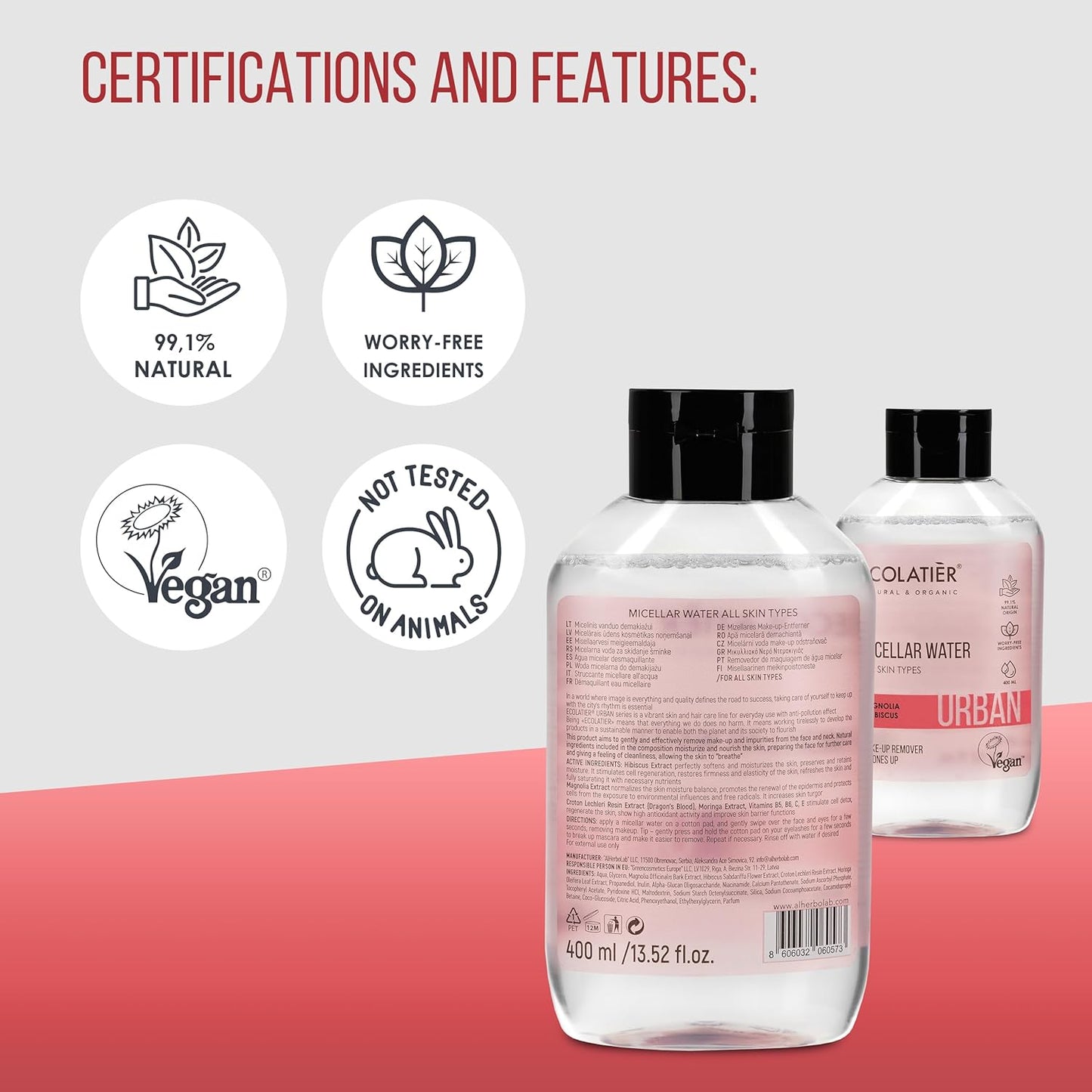 Micellar Water for Sensitive Skin with Organic Aloe Vera - 99.1% Natural Ingredients, Vegan, Hydrating Facial Cleanser & Micellar water Makeup Remover - 13.5 Fl Oz (Magnolia for All Skin Types)