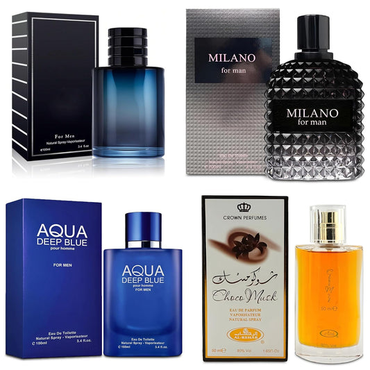4-Piece Cologne for Men Includes Choco Musk/SE/Aqua Deep Blue/Milano Scent of Woody, Spicy, Citrus & Aromatic eau de parfum Men Gift Set Each 100Ml for Daily Use