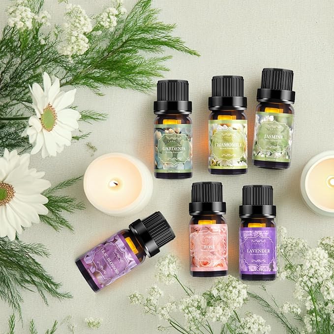 Floral Essential Oils Set | Top 6 Aromatherapy Oils Gift Set, Home Fragrance for Diffusers, Candle Making Scents - Lilac, Lavender, Chamomile, Jasmine, Rose, Gardenia for Relaxation, Stress Relief