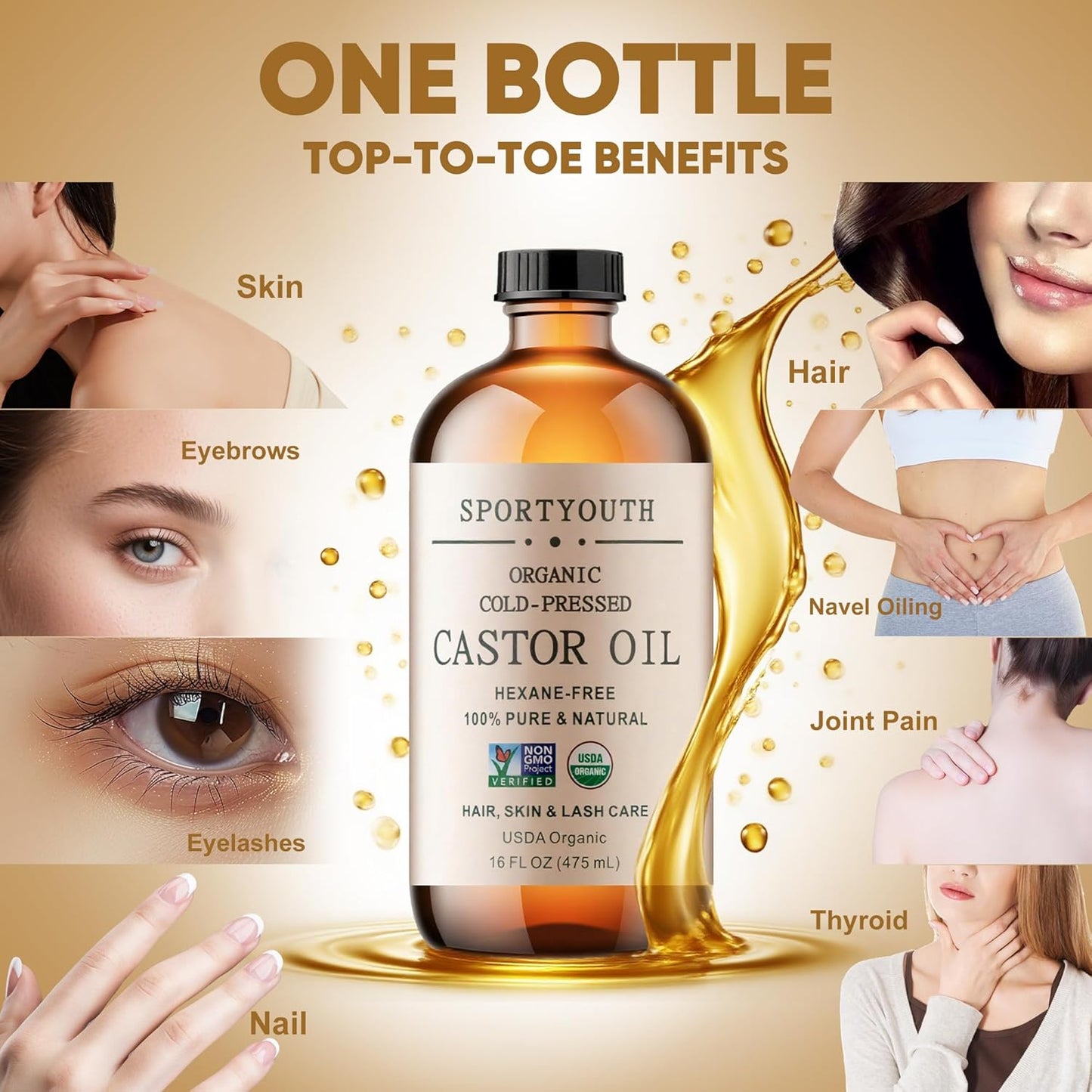 SPORTYOUTH Castor Oil Organic Cold Pressed Hexane Free USDA Certified 100% Pure Unrefined 16 oz Glass Bottle Carrier Oil for Hair Growth, Scalp, Castor Oil Pack, Eyelashes, Brows, Skin, Face, Body