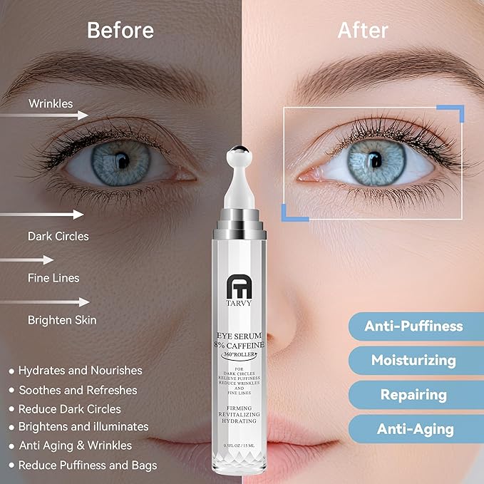 Eye Serum, Under Eye Cream For Dark Circles, 8% Caffeine Eye Serum For Women & Men, Eye Cream Anti Aging With 360° Massage Ball, Eye Cream For Puffiness And Bags Under Eyes, Eye Serum For Fine Lines
