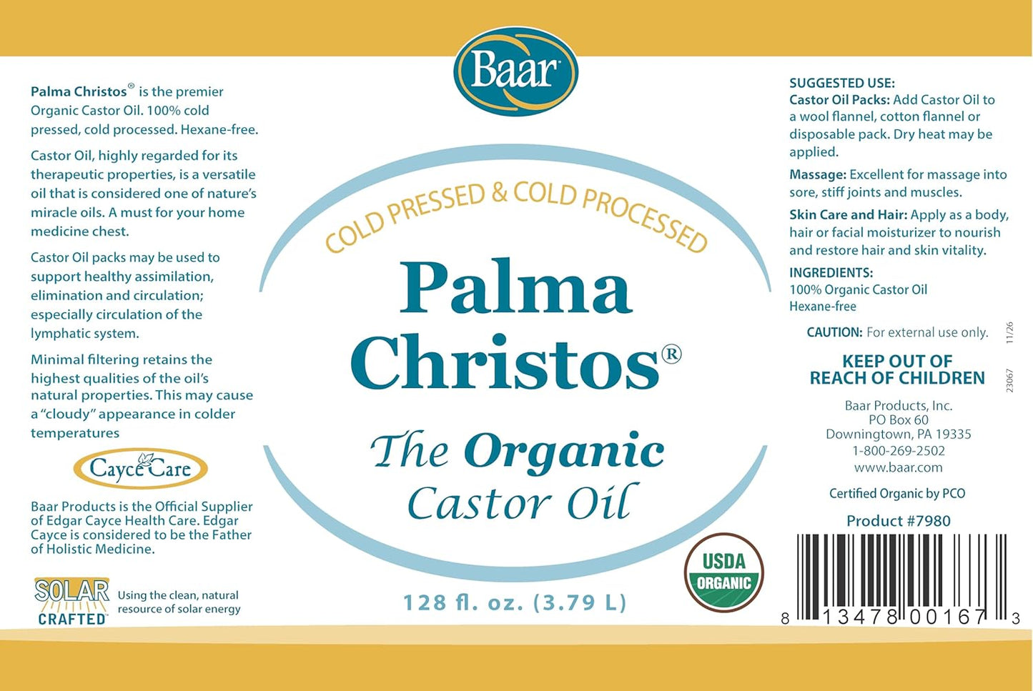 Baar Organic Castor Oil for Eyelash, Eyebrow and Hair Renewal, Skin Repair and Protection, Detox & Cleansing and Relief for Sore Muscles and Stiff Joints, Cold Pressed, Hexane Free, 128 fl oz / 1 gal