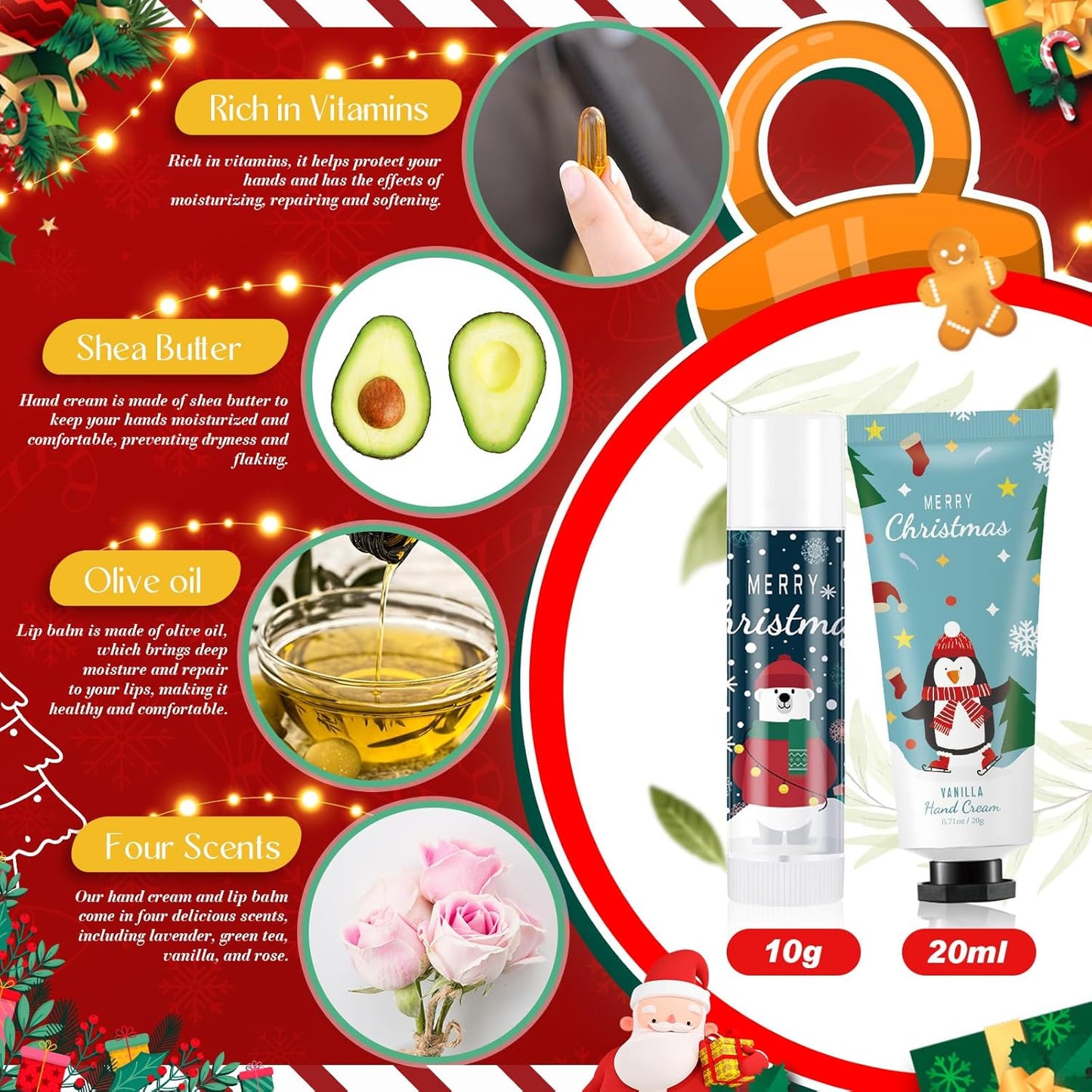 60 Set Christmas Hand Cream Gift Set, Including Moisturizing Christmas Hand Lotion, Xmas Lip Balm, Gauze Bags, Thank You Cards Natural Fragrant Xmas Hand Cream with Lip Balm Christmas Gifts