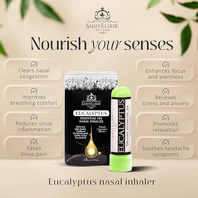 Eucalyptus Inhaler for Adults - 1 Pack Eucalyptus Nasal Inhaler with Essential Oils, Natural Aromatherapy Nasal Stick Inhaler for Breathing, Portable Nasal Inhalers for Aromatherapy Stick