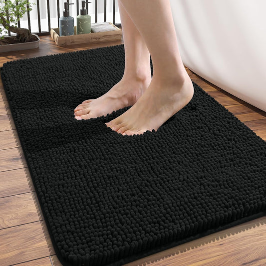 OLANLY Bathroom Rugs 34x21, Extra Soft Absorbent Chenille Bath Rugs, Rubber Backing Quick Dry, Machine Washable Bath Mats for Bathroom Floor, Tub and Shower, Home Decor Accessories, Black