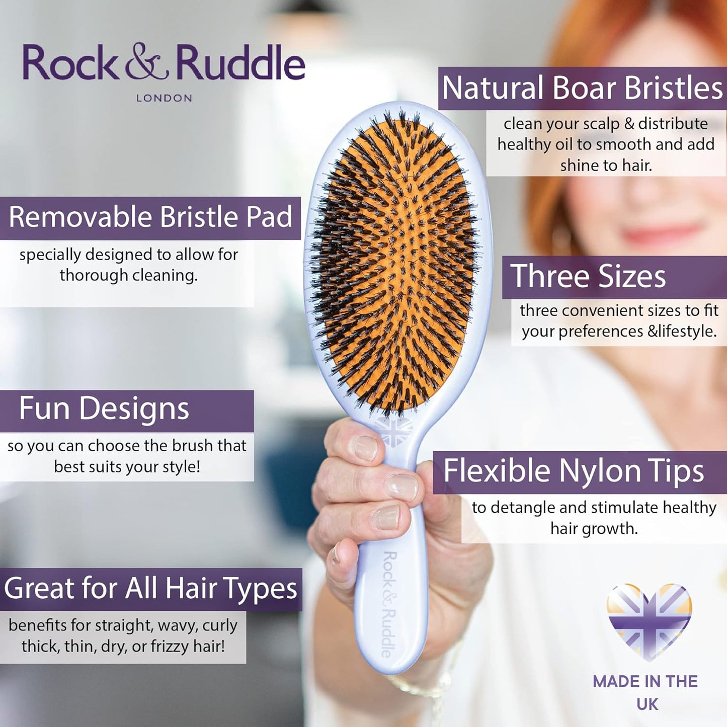 Rock & Ruddle Natural Mixed Boar Bristle Hair Brush for Women and Kids (Large, 21cm) - Perfect for Wet or Dry Hair, Detangling Smoothing Blowdrying - Designed & Made in UK - Flamingos Design