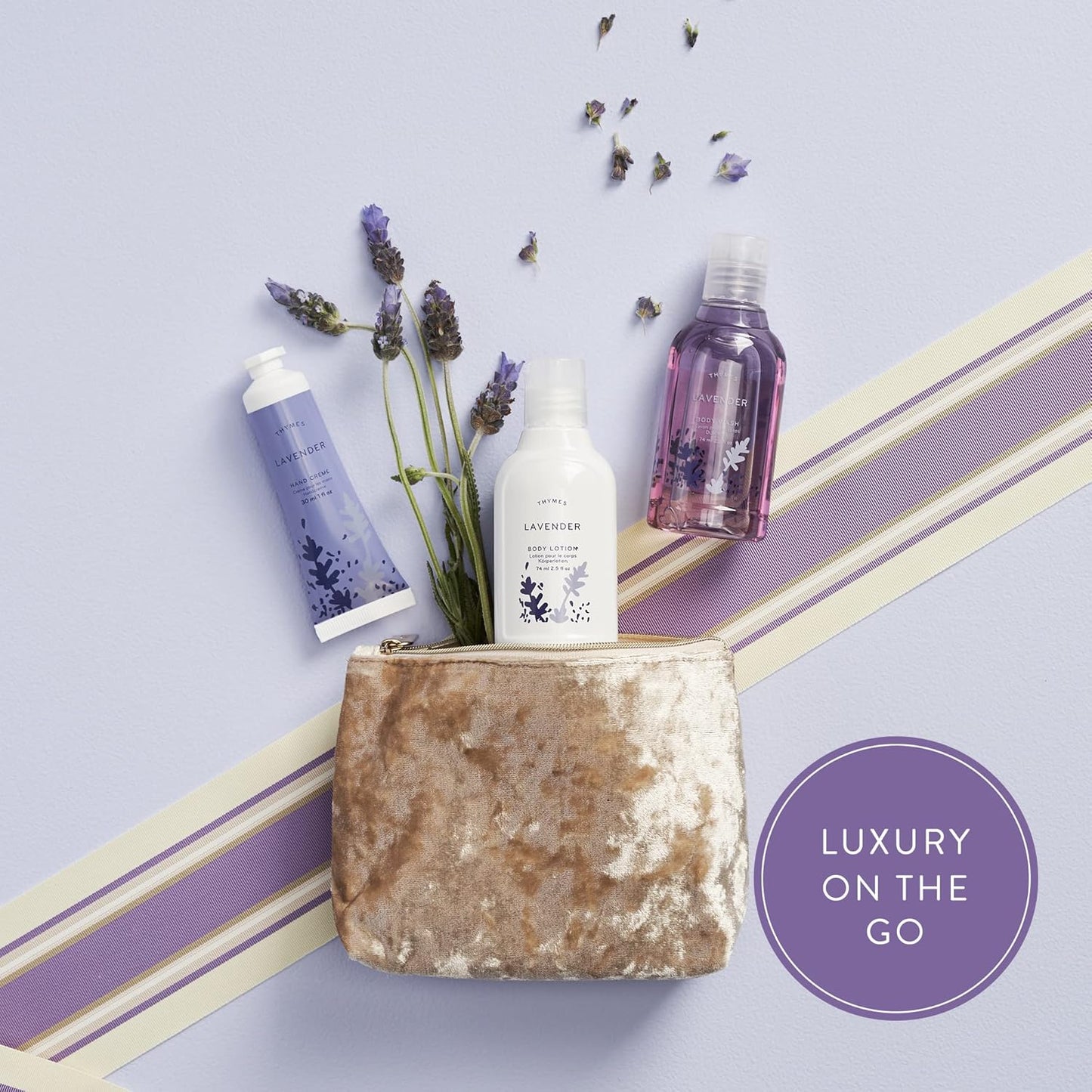 Thymes Travel Set and Beauty Bag - Contains Body Wash, Body Lotion & Hand Cream - Lavender