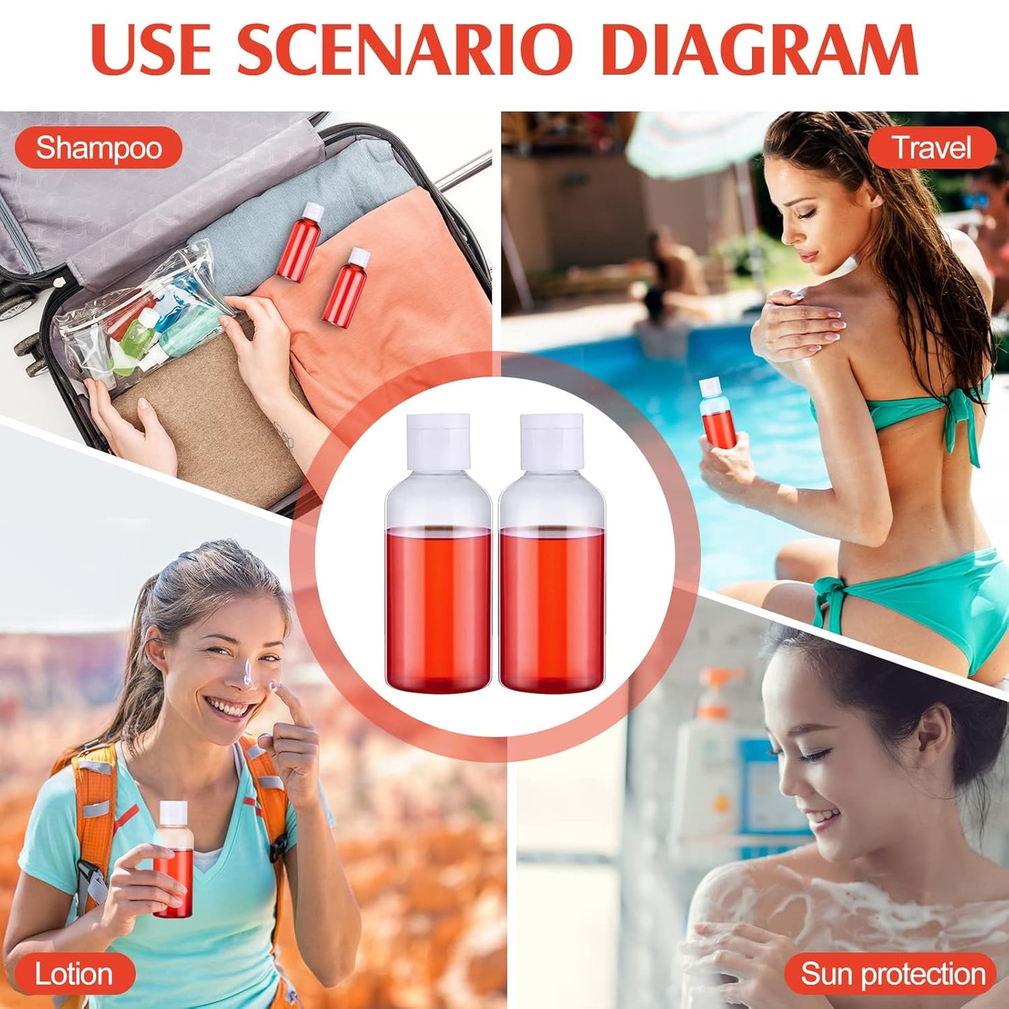 Eccliy 100 Pack 2 oz Travel Bottles Plastic Bottles with Lids Refillable Travel Size Cover Cap Plastic Liquid container for Toiletries Lotions Shampoo Creams Dispensing with 5 Funnels(Clear)