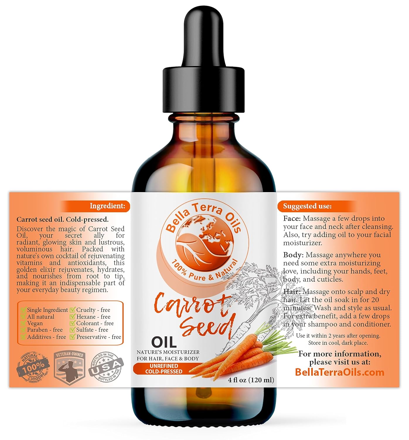 Bella Terra Oils - Organic Carrot Seed Oil 4oz - Celebrate the Nutrient-Rich Legacy of Organic Carrots, High in Vitamin K & Phytosterols, For a Supple & Radiant Appearance