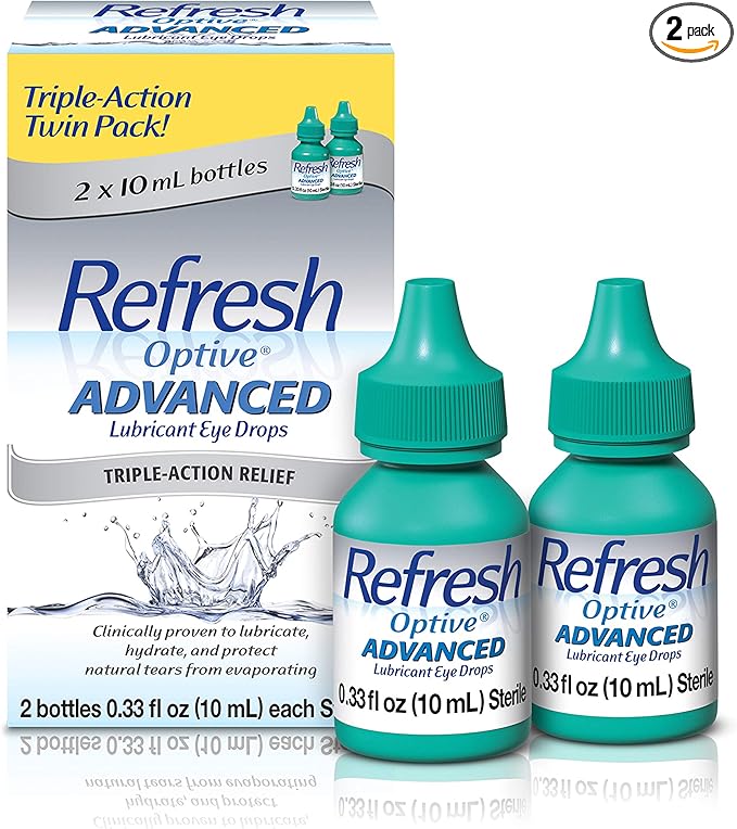 Refresh Optive Advanced Lubricant Eye Drops For Dry Eyes, 0.33 Fl Oz Sterile (2 Count)