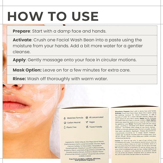 3-in-1 Solid Facial Cleanser, Exfoliator, and Wash-off Mask - Vegan, Cruelty-Free, Plastic-Free, Travel-Friendly, 1 Month Supply (60 Crushable Tablets) in Tin (Calming Beans in Tin)