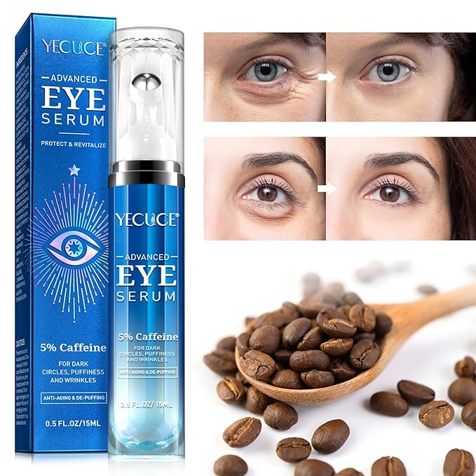 Eye Serum for Dark Circles and Puffiness, Under Eye Serum with 5% Caffeine Anti Aging Smooths fine lines and wrinkle appearance, Eye Cream with 360° Eye Roller Massage Ball