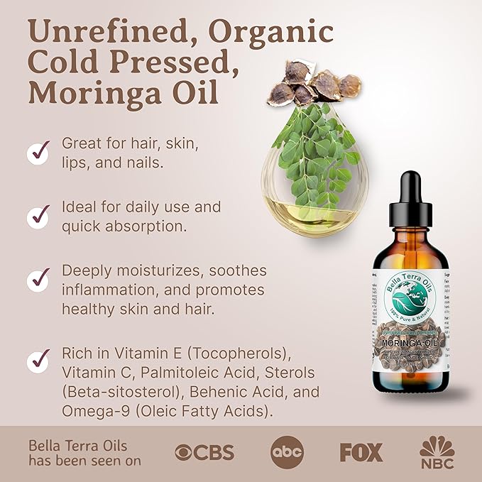 Bella Terra Oils - Organic Moringa Seed Oil 8 oz - Dive into the Essence of Organic Moringa, Rich in Unsaturated Fatty Acids, Elevate Your Skin's Softness and Glow