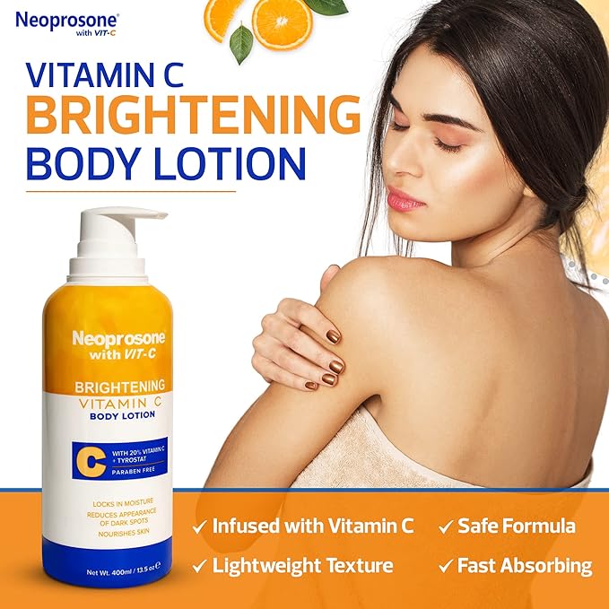 Neoprosone Brightening Body Lotion - 13.5 Fl Oz / 400ml - Formulated to Fade Dark Spots on Elbows, Knees, Neck, Body, and Intimate Parts, with Tyrostat, Shea Butter, Vitamin C, Vitamin E