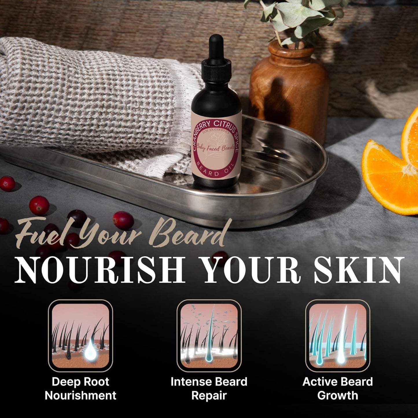 Tuscan Cooper's Baby Faced Beards Oil for Men - All Natural, Hydrating, Nourishing, Beard Softener and Conditioner Coconut, Jojoba, and Sweet Almond Moisture - Cranberry Citrus Spice