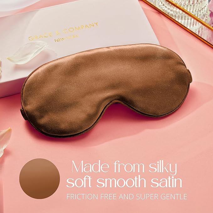 Grace & Company Silky Satin Eye Mask for Women - Premium Brown Satin Silk Sleep Mask - Hydrating, Ultra Soft & Lightweight Vegan Sleeping Mask - Cardamom
