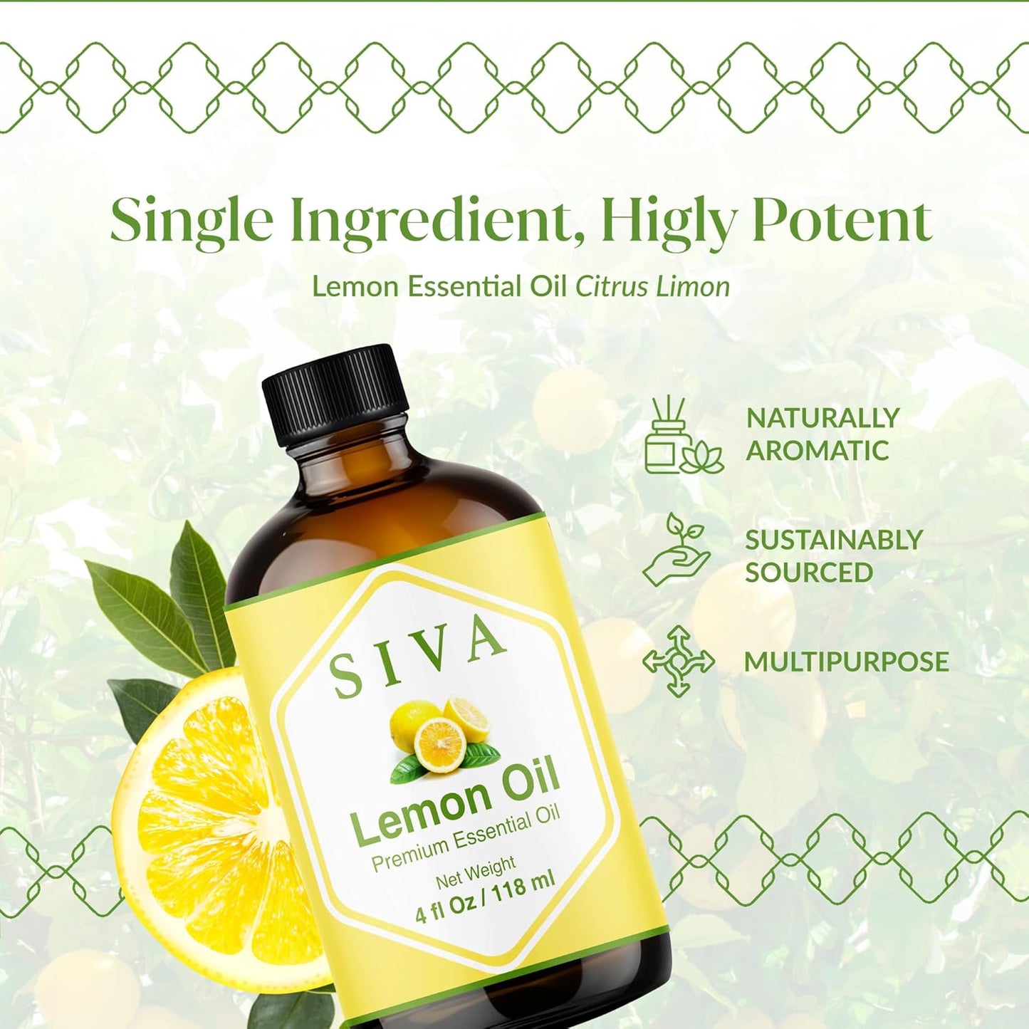 Siva Lemon Essential Oil - 4 Fl Oz – 100% Natural Lemon Oil - for Diffuser, Face, Skin Care, Aromatherapy, Hair Care, Scalp and Body Massage - with Dropper